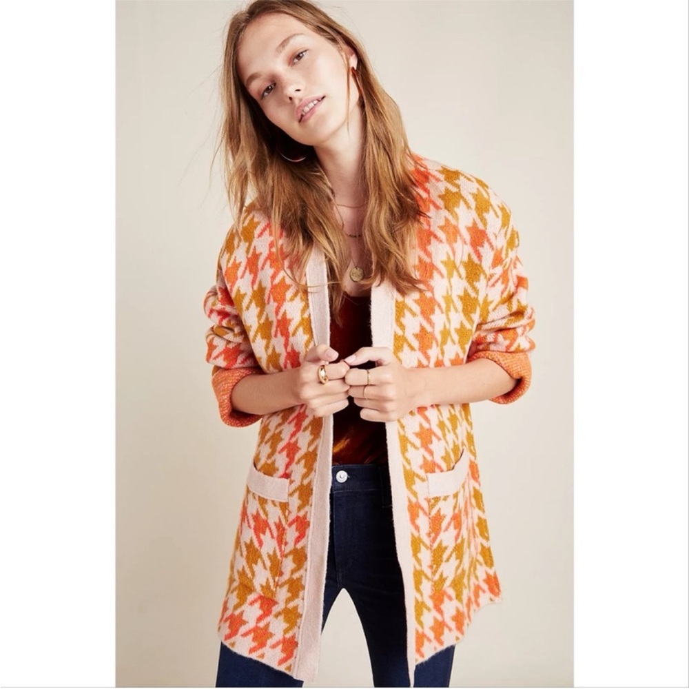 Anthropologie Pink Houndstooth Oversized Cardigan Cozy Sweater Academia Pockets